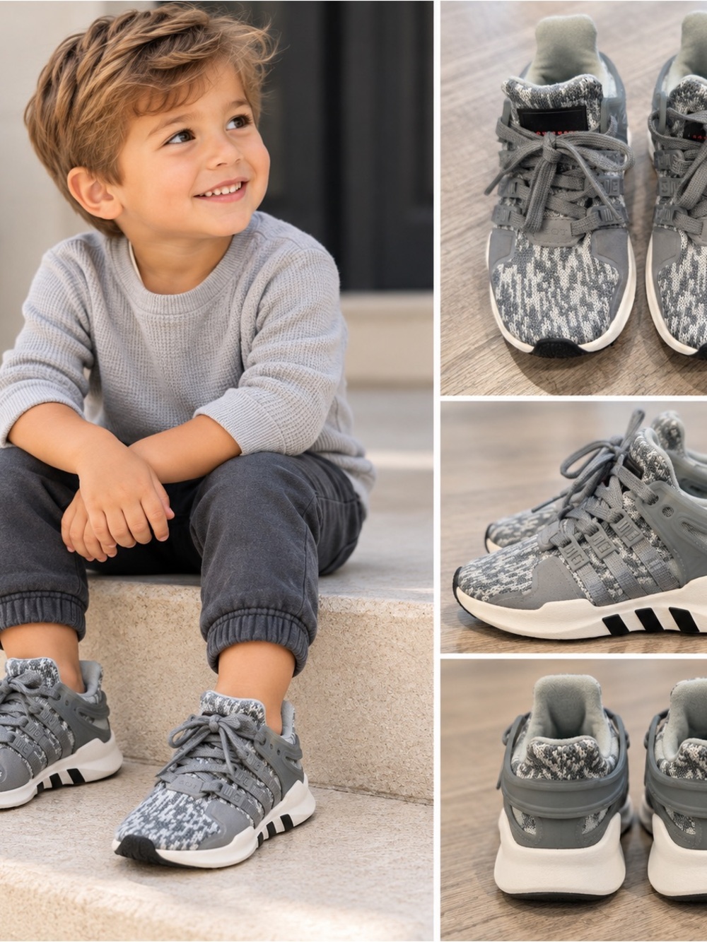Kids Gray Equipment Adidas Knit Athletic Sneakers - Lightweight Casual Shoes